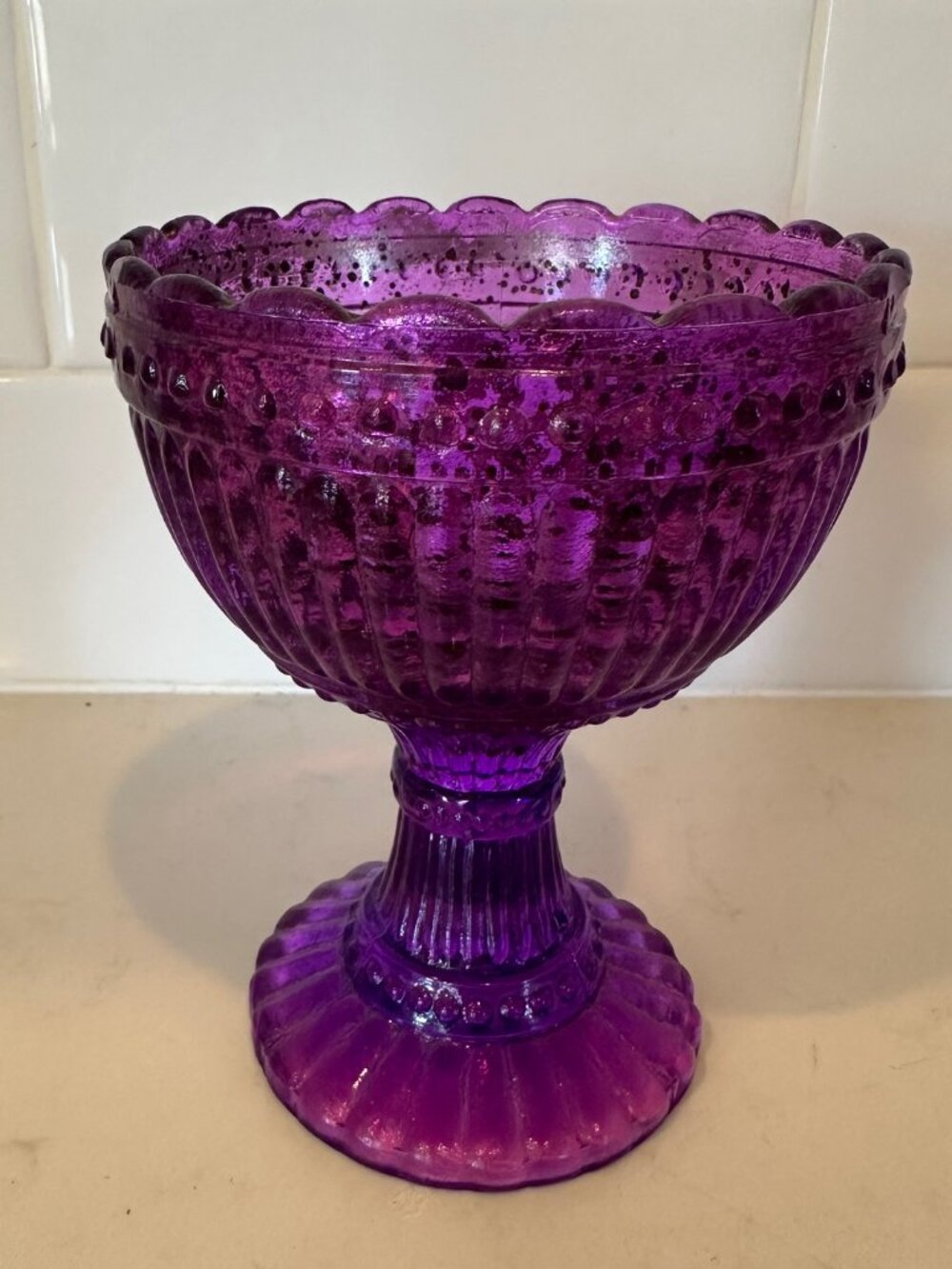 Marimekko Inspired Pedestal Bowl Chalice Goblet Amethyst Purple Scalloped Edge